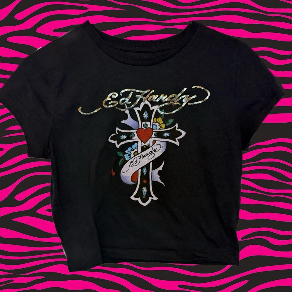 Ed Hardy Black Short-Sleeve Tee with Colorful Cross Graphic